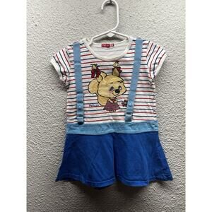 Pelican Toddler Girls Dress Size 2 Blue Striped Puppy Graphic Suspender Dress